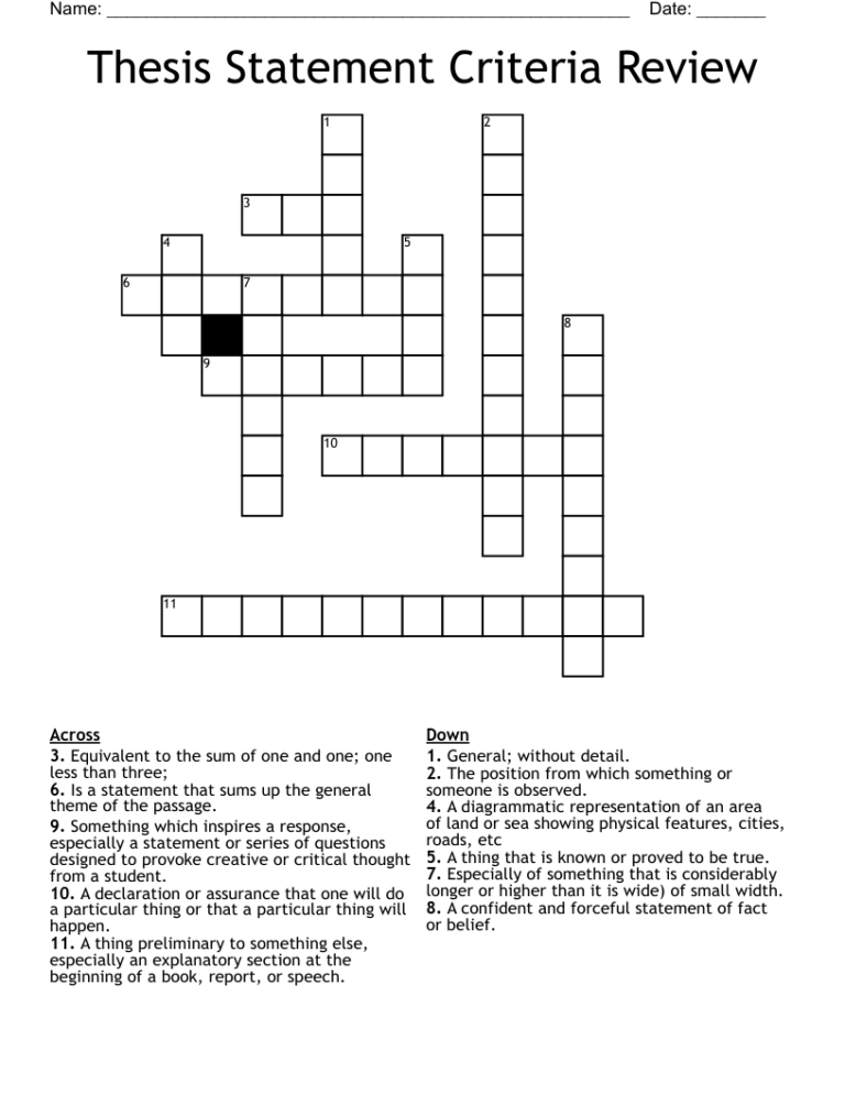 Thesis Statement Criteria Review Crossword WordMint