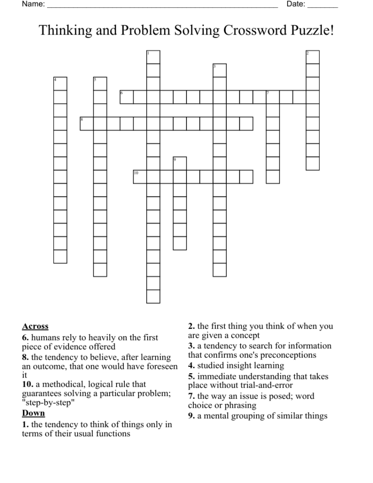 Thinking And Problem Solving Crossword Puzzle WordMint