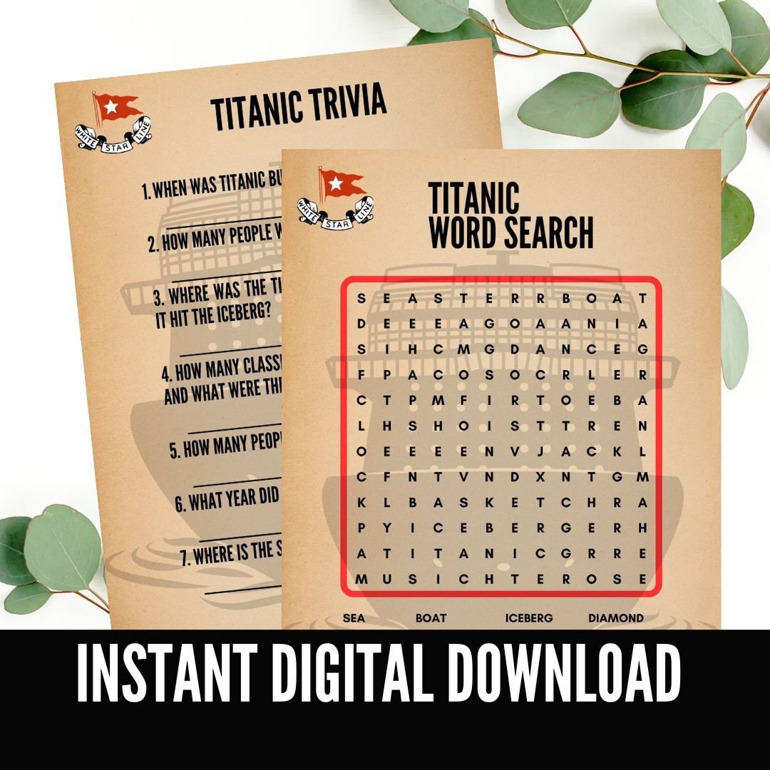 TITANIC Games Word Search trivia Printable Titanic Yacht Boat Birthday Theme Titanic 102030405060708090 Print Instantly Today Etsy