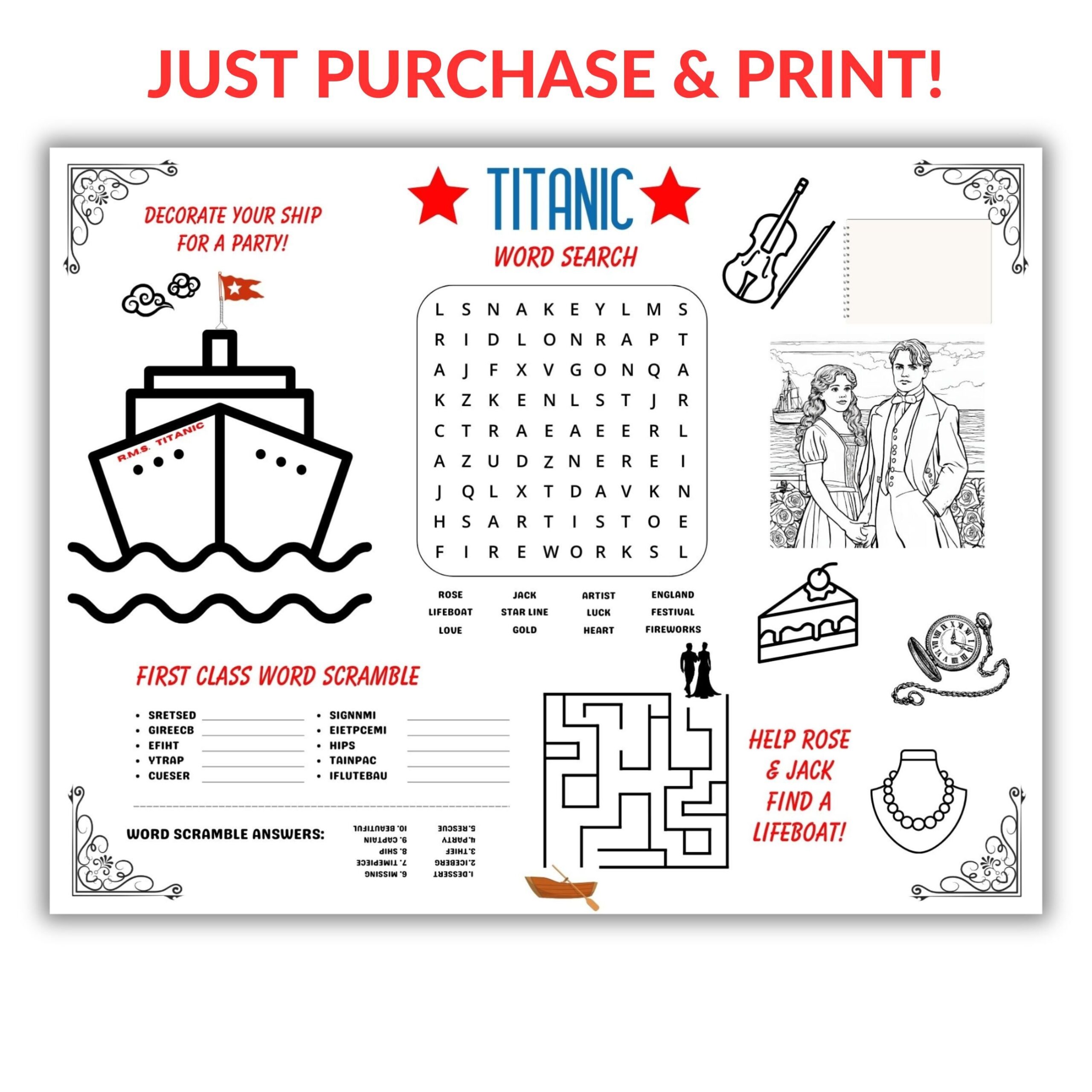 TITANIC KIDS Placemat Games activities TITANIC Coloring Wordsearch Word Scramble Passport boarding Pass For Role Playing Titanic Bday Etsy