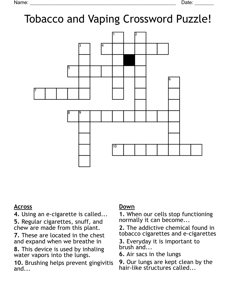Tobacco And Vaping Crossword Puzzle WordMint