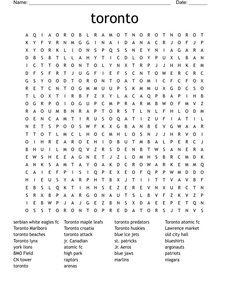 Toronto Word Search WordMint