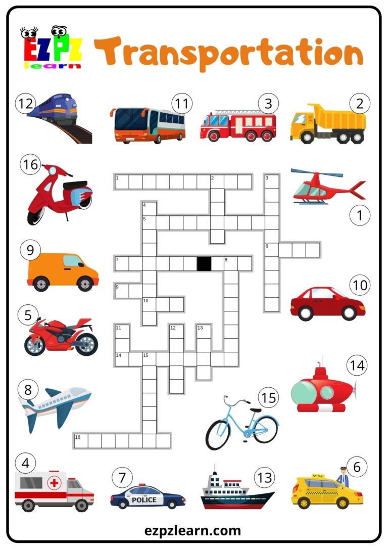 Transportation Crossword Ezpzlearn