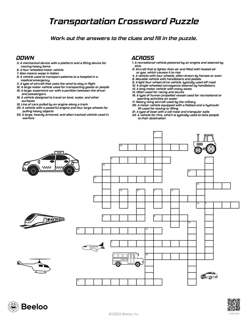 Means Of Transport Crossword Puzzle Worksheet