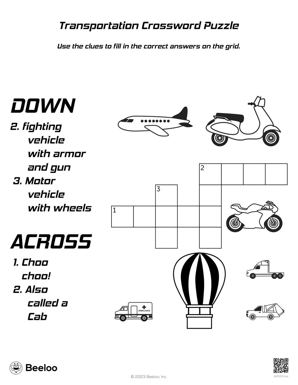Transportation themed Crossword Puzzles Beeloo Printable Crafts 