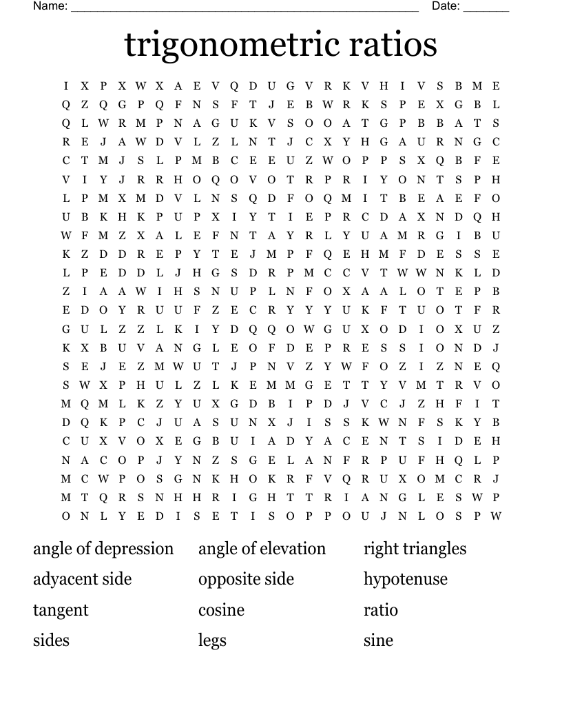 Trigonometric Ratios Word Search WordMint