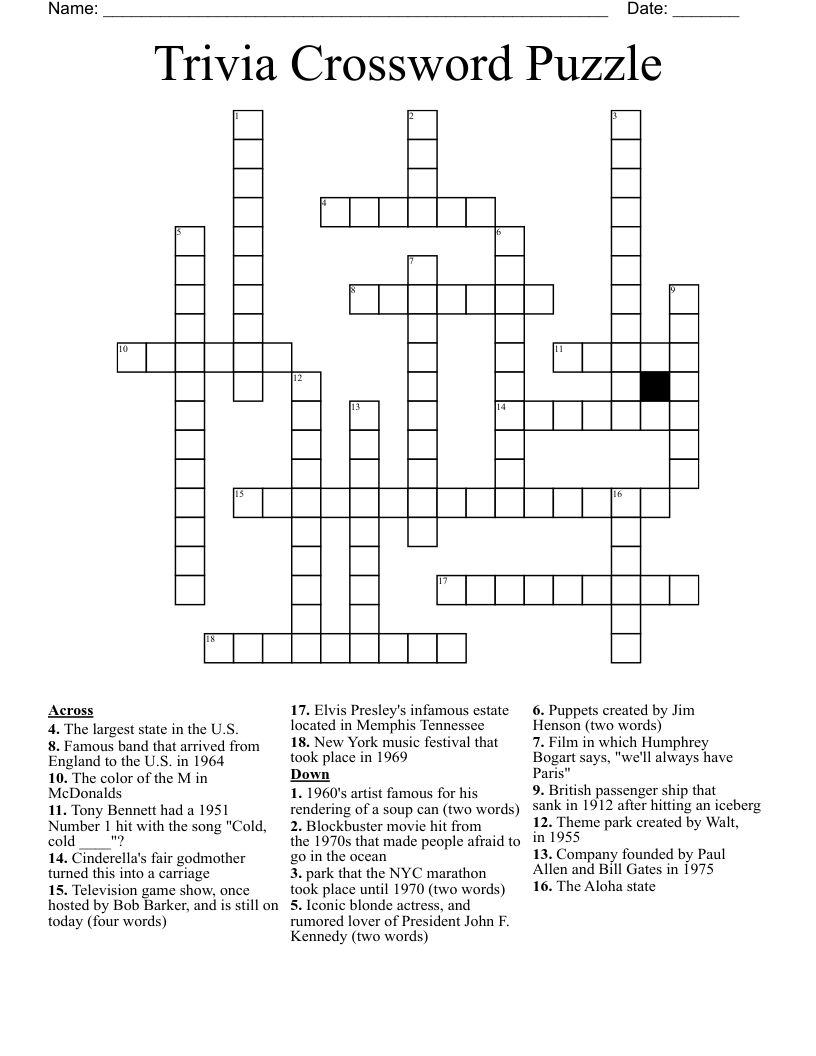 Trivia Crossword Puzzle WordMint Trivia Crossword Puzzle WordMint