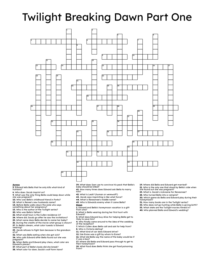 Twilight Breaking Dawn Part One Crossword WordMint Twilight Breaking Dawn Part One Crossword WordMint