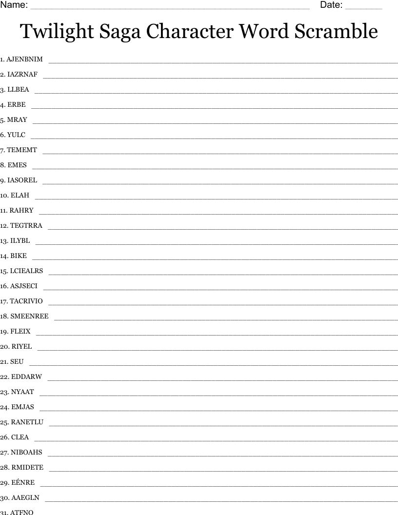 Twilight Saga Character Word Scramble WordMint Twilight Saga Character Word Scramble WordMint