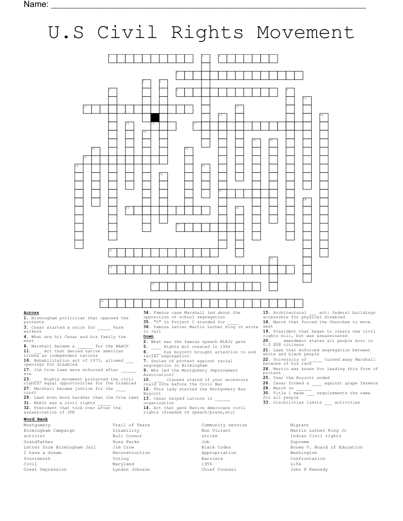 U S Civil Rights Movement Crossword WordMint