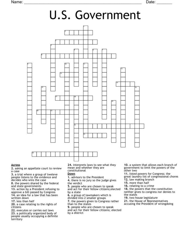 U S Government Crossword WordMint