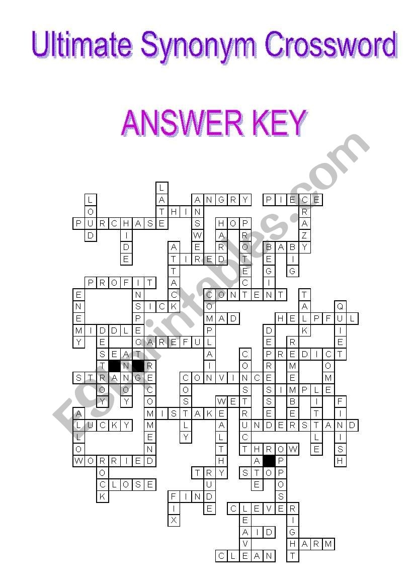 Ultimate Synonym Crossword ANSWER KEY ESL Worksheet By Purrfectenglish