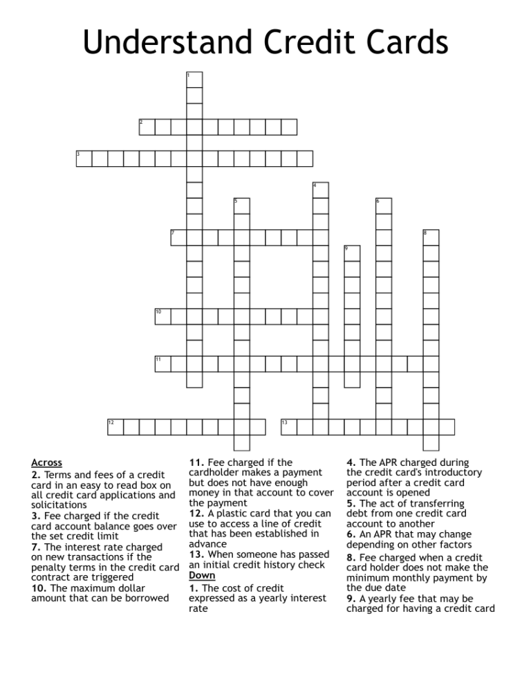 Understand Credit Cards Crossword WordMint