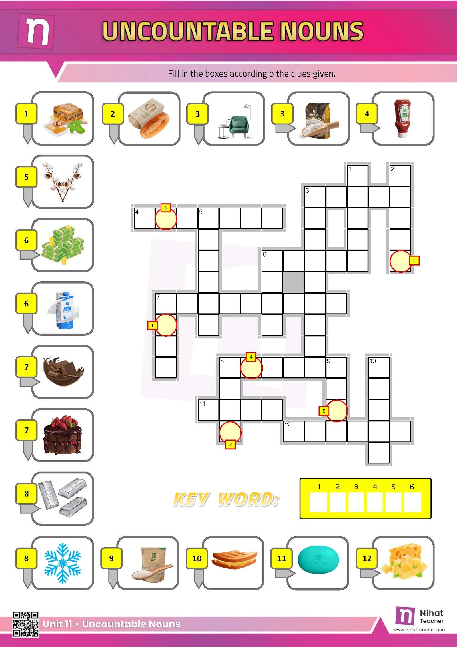 Unit 11 Uncountable Nouns Crossword Free English Learning And Teaching Resources Free PDF Worksheets And Multiple Choice Tests 