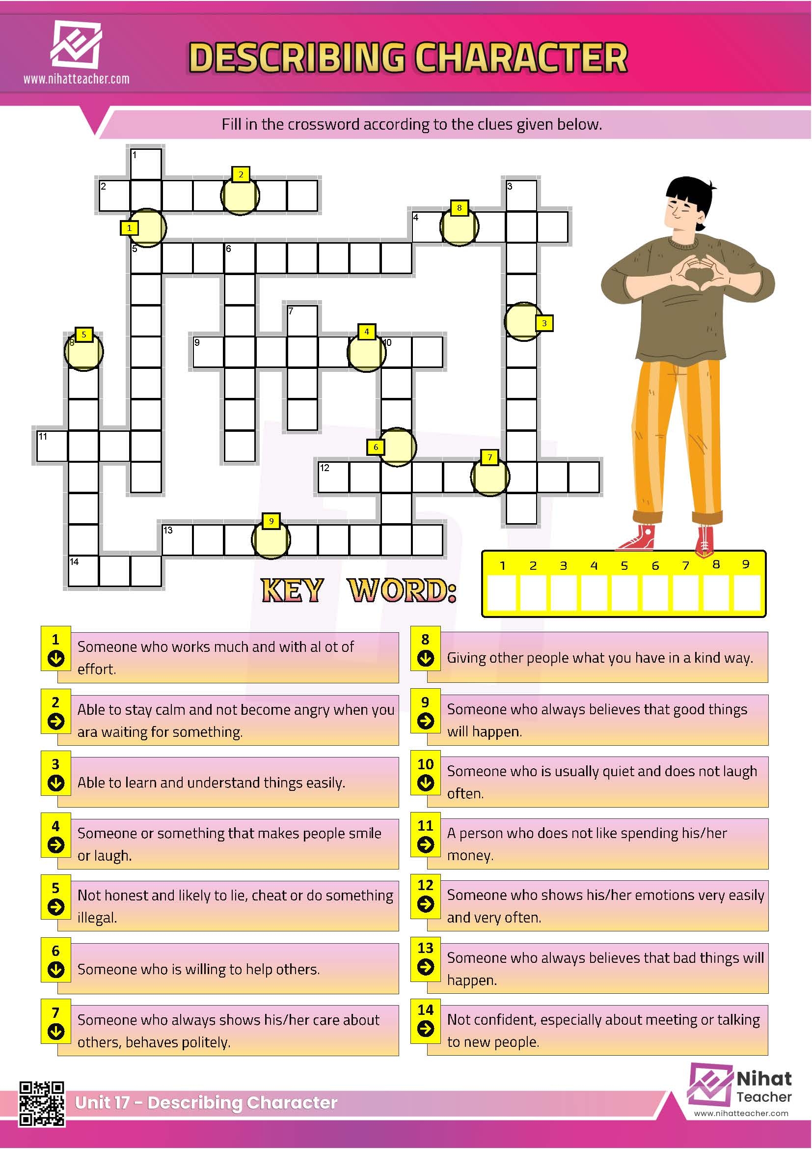 Unit 17 Describing Character Crossword Free English Learning And Teaching Resources Free PDF Worksheets And Multiple Choice Tests 
