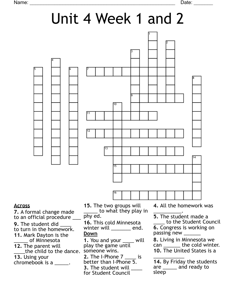 Unit 4 Week 1 And 2 Crossword WordMint