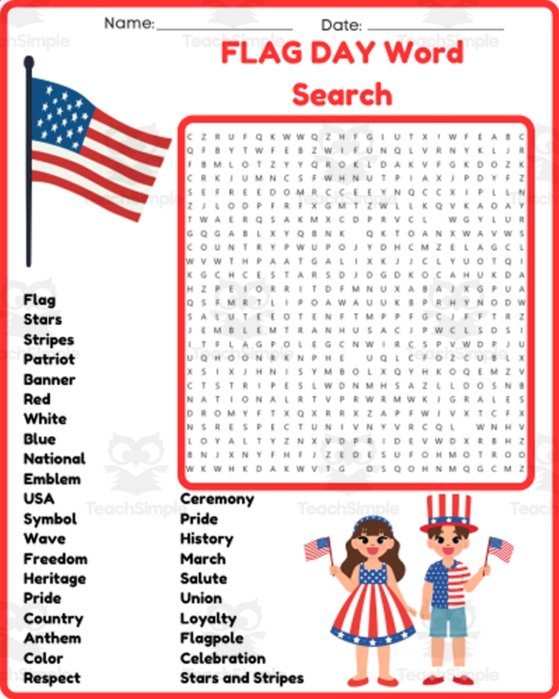 US FLAG DAY Word Search Puzzle Worksheet Activity By Teach Simple