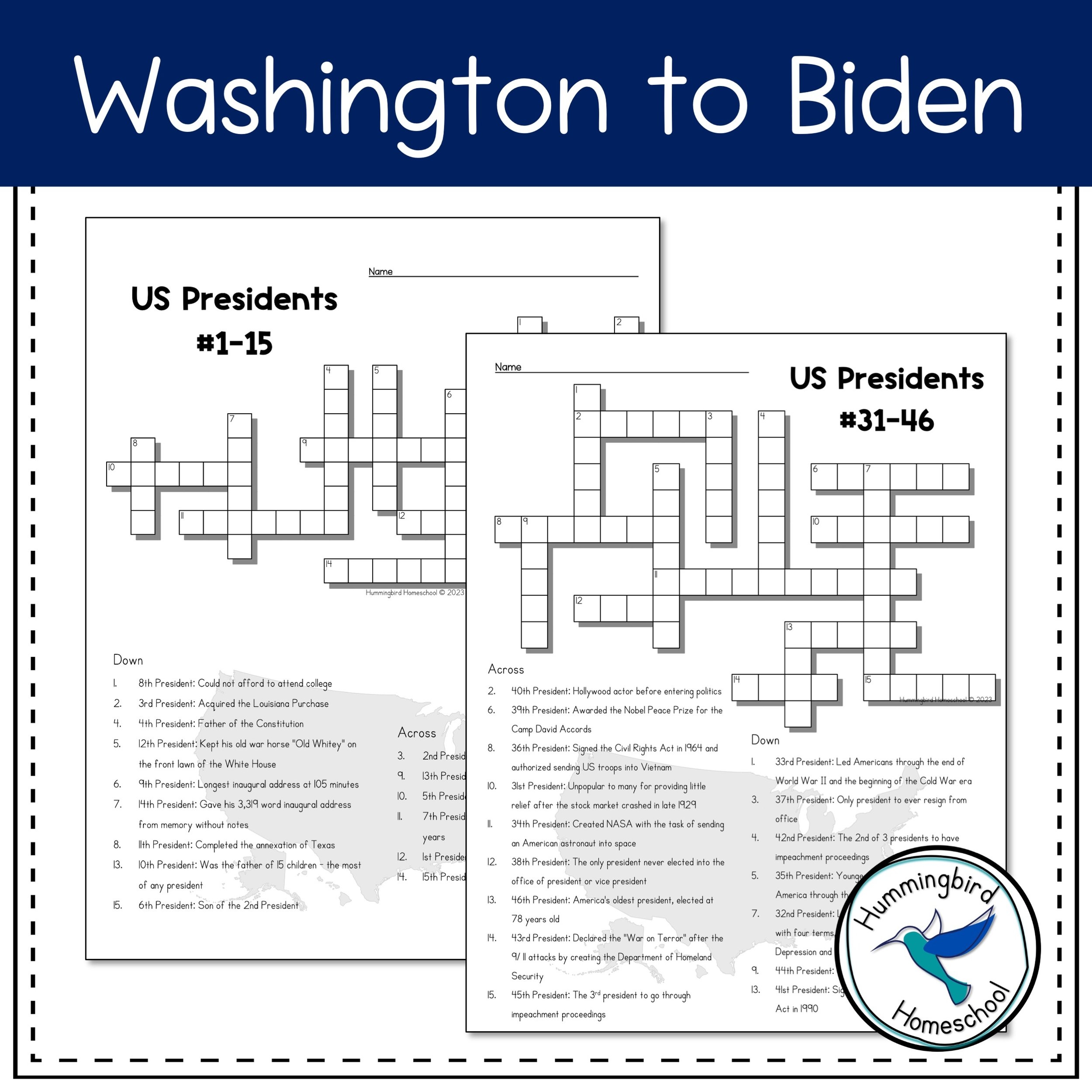 US Presidents Crossword Puzzles With Answers Hummingbird Homeschool US Presidents Crossword Puzzles With Answers Hummingbird Homeschool