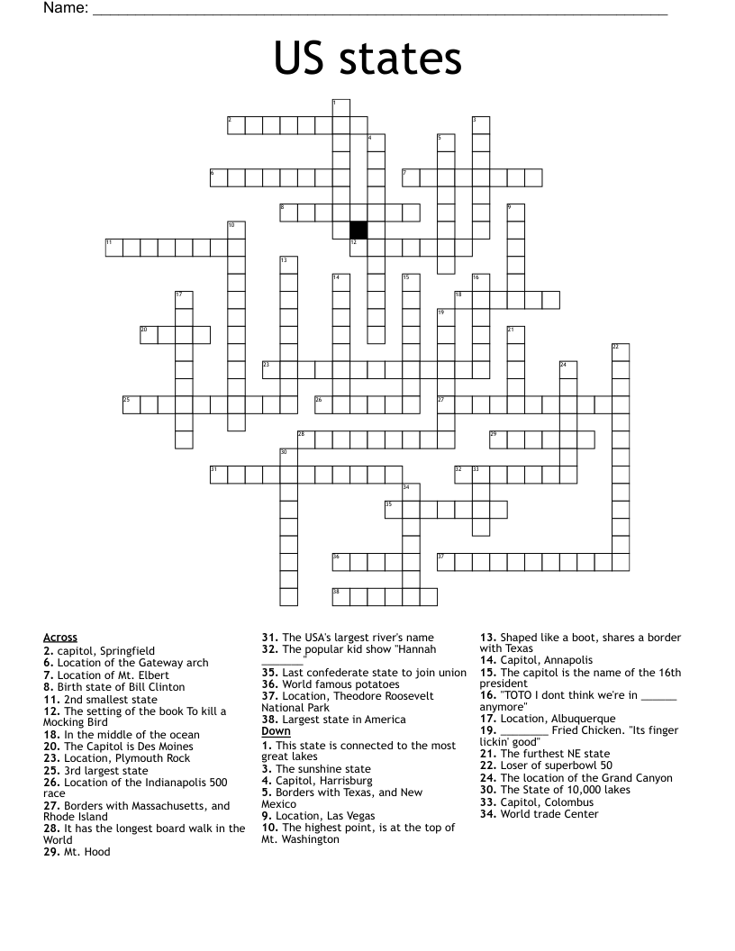 States Crossword Puzzle Printable