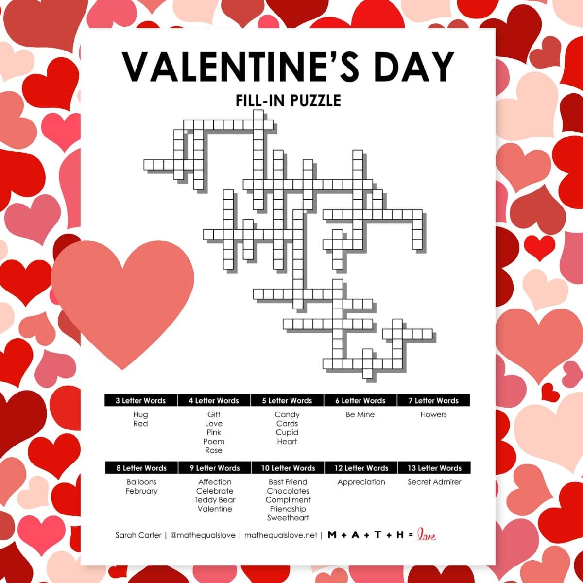 Valentine s Day Fill In Puzzle Math U003d Love Valentine s Day Fill In Puzzle Math U003d Love