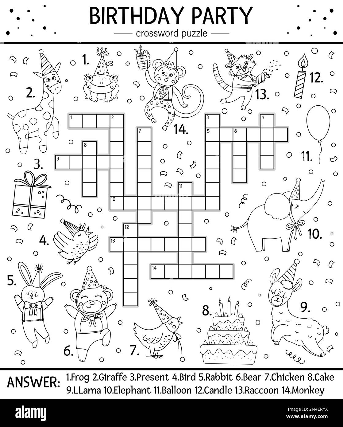 Vector Black And White Birthday Party Crossword Puzzle For Kids Simple Outline Quiz With Holiday Objects And Animals For Children Educational Line A Stock Vector Image U0026 Art Alamy