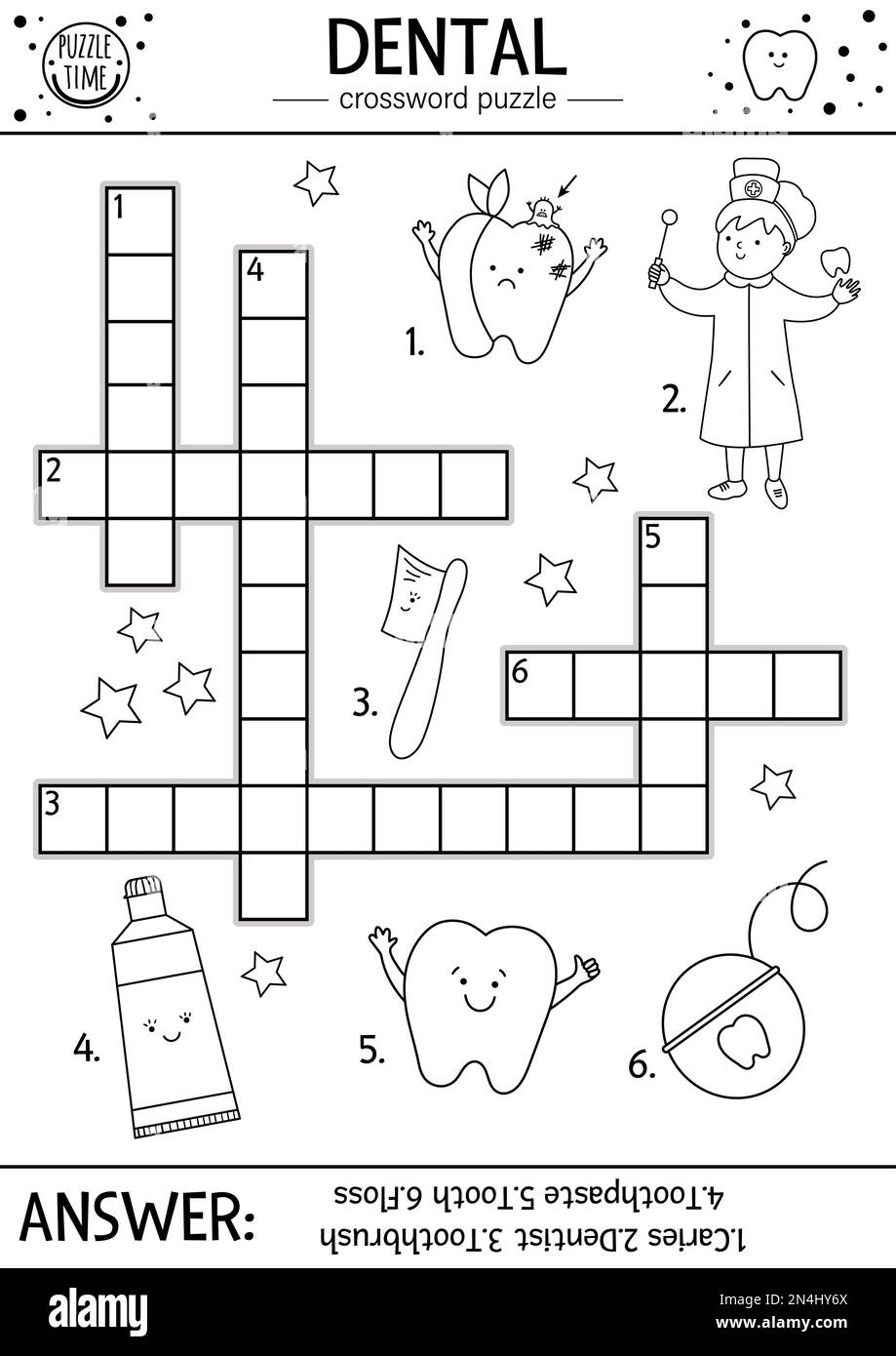 Vector Black And White Dental Care Crossword Puzzle Mouth Hygiene 