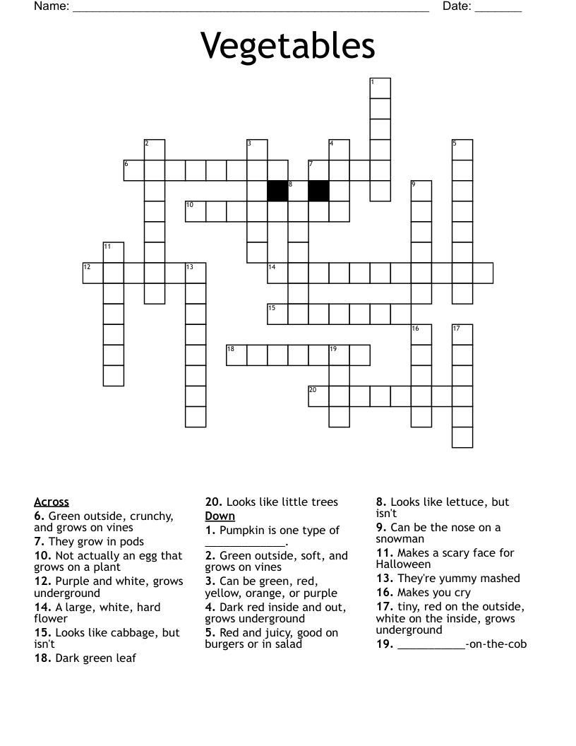 Vegetables Crossword WordMint