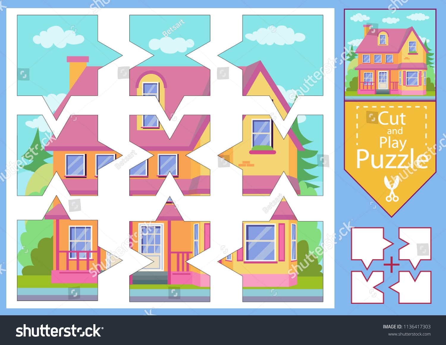 Vektor Stok Children Puzzle Game Worksheets Drawing House Tanpa Royalti 1136417303 Shutterstock