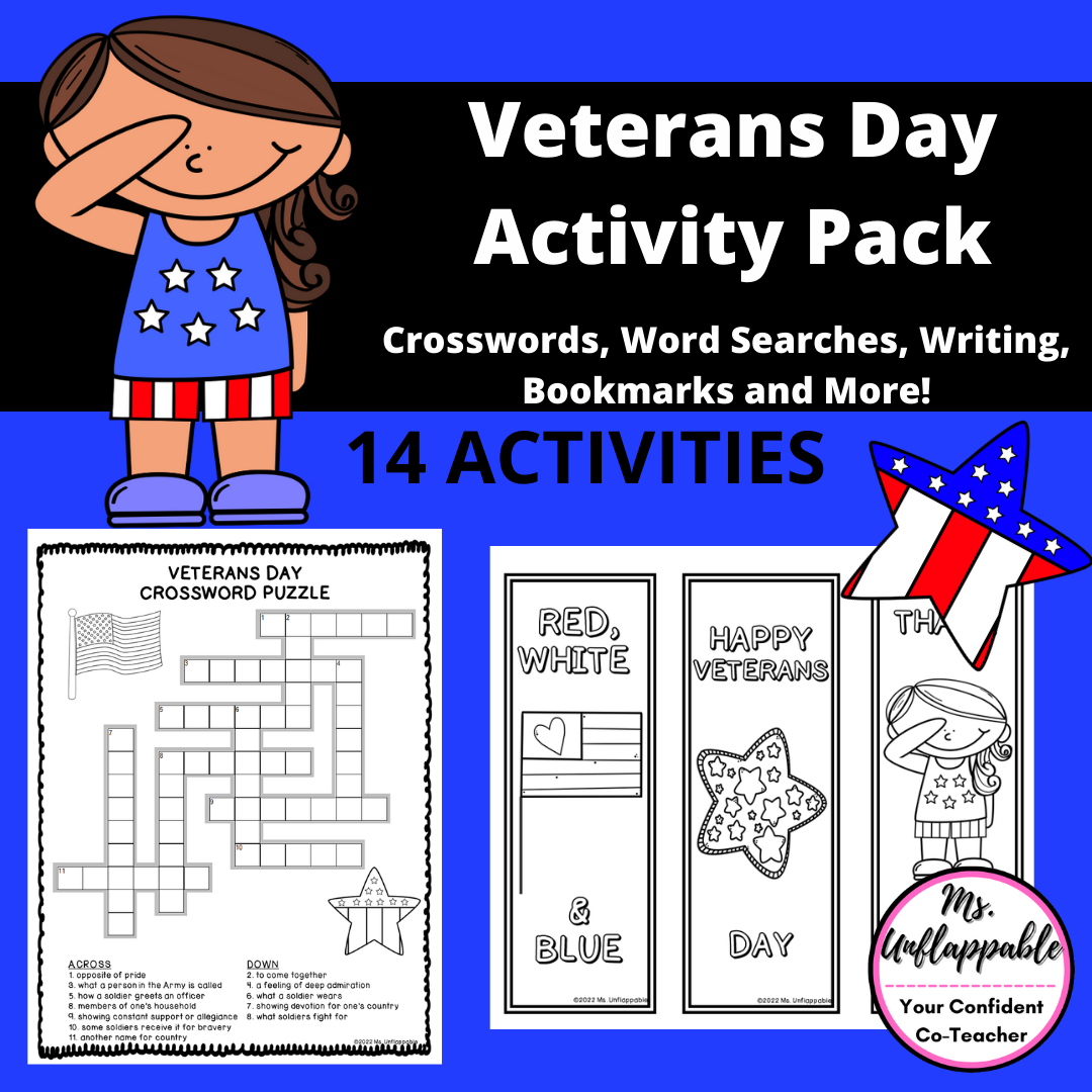 Veterans Day Activities Word Searches Crosswords Writing Bookmarks Classful