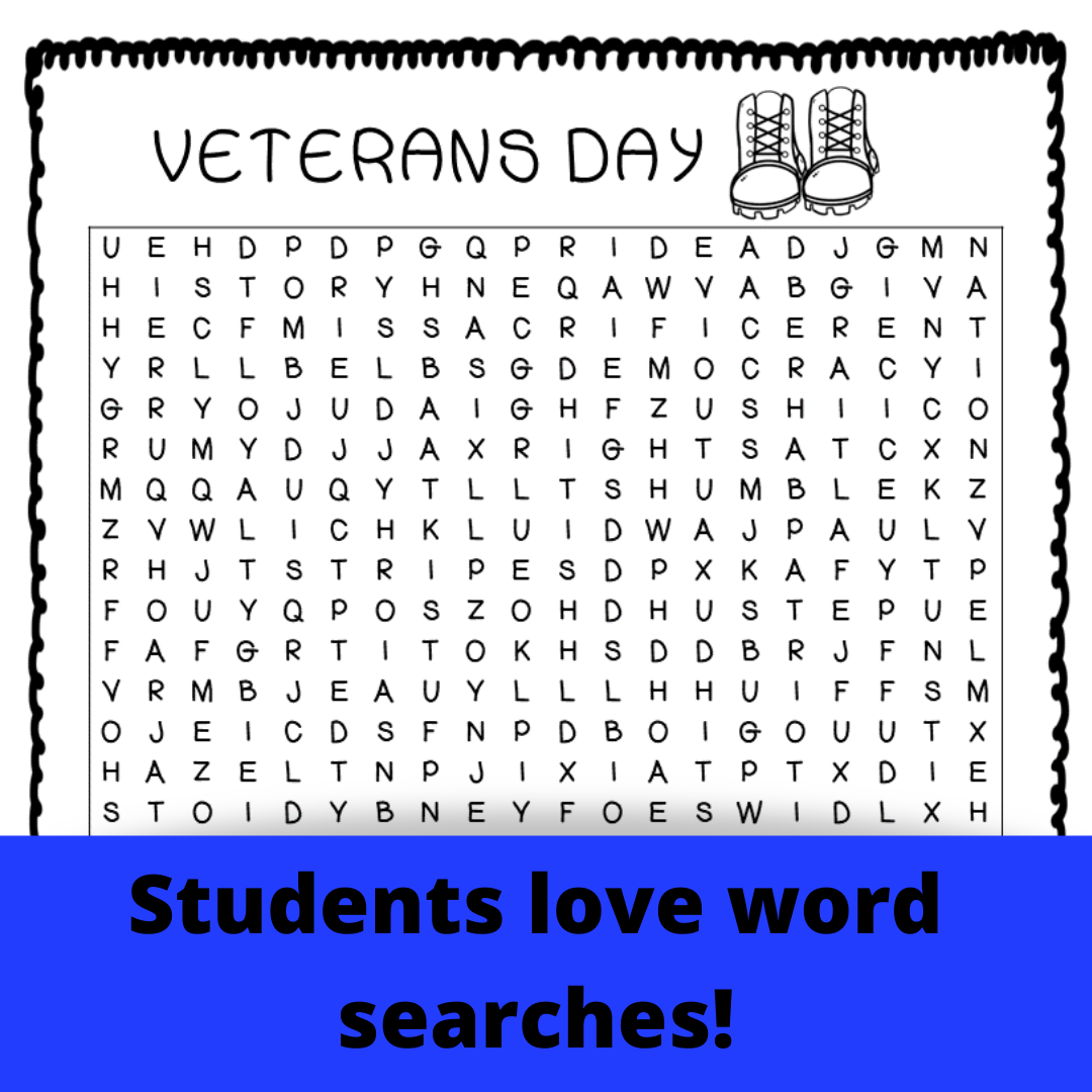Veterans Day Activities Word Searches Crosswords Writing Bookmarks Classful