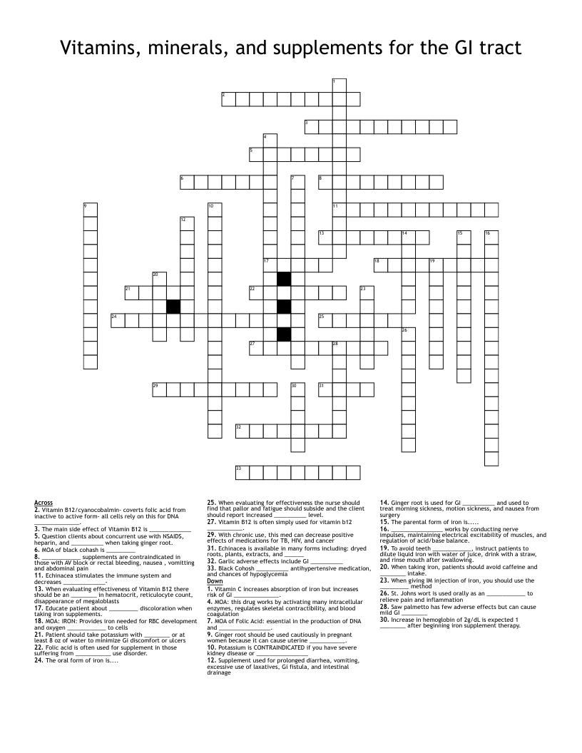 Vitamins Minerals And Supplements For The GI Tract Crossword WordMint