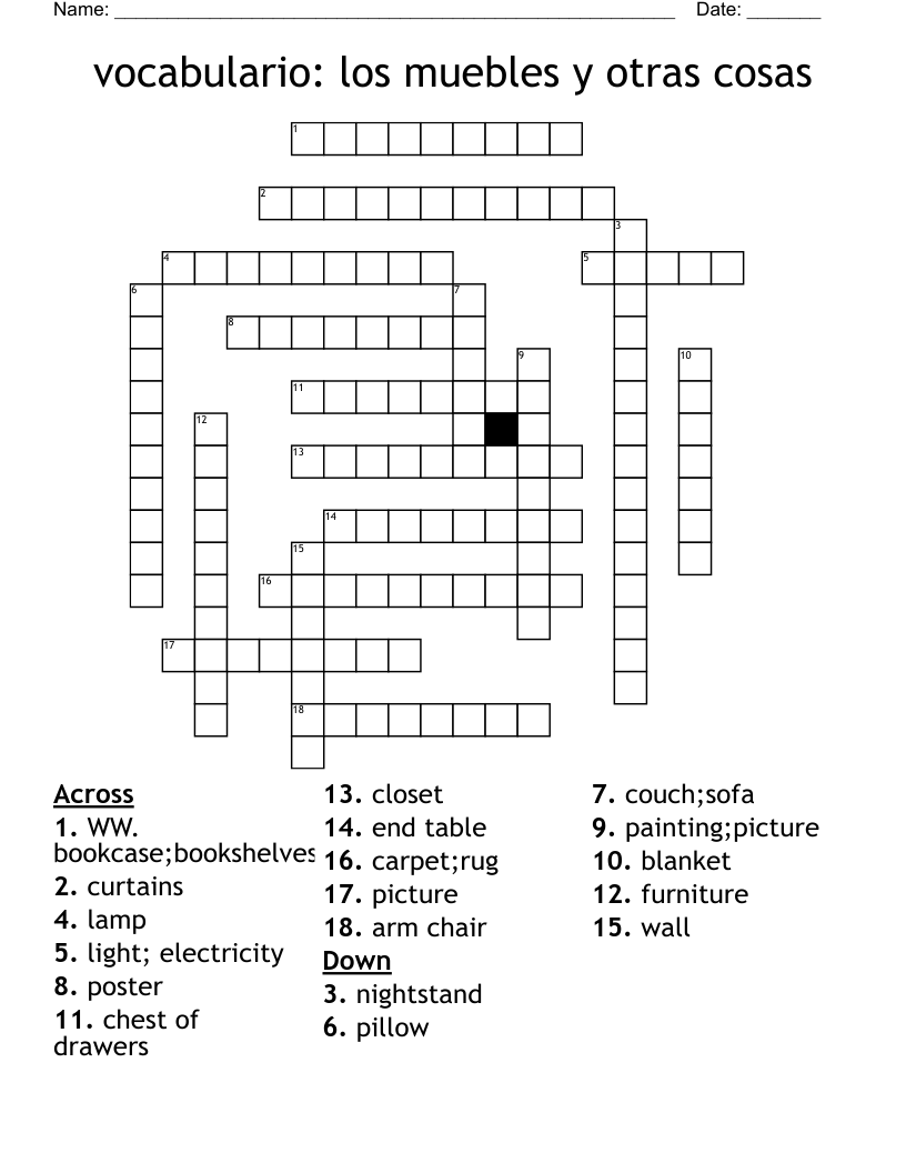 Vocabulario Los Muebles Y Otras Cosas Crossword WordMint