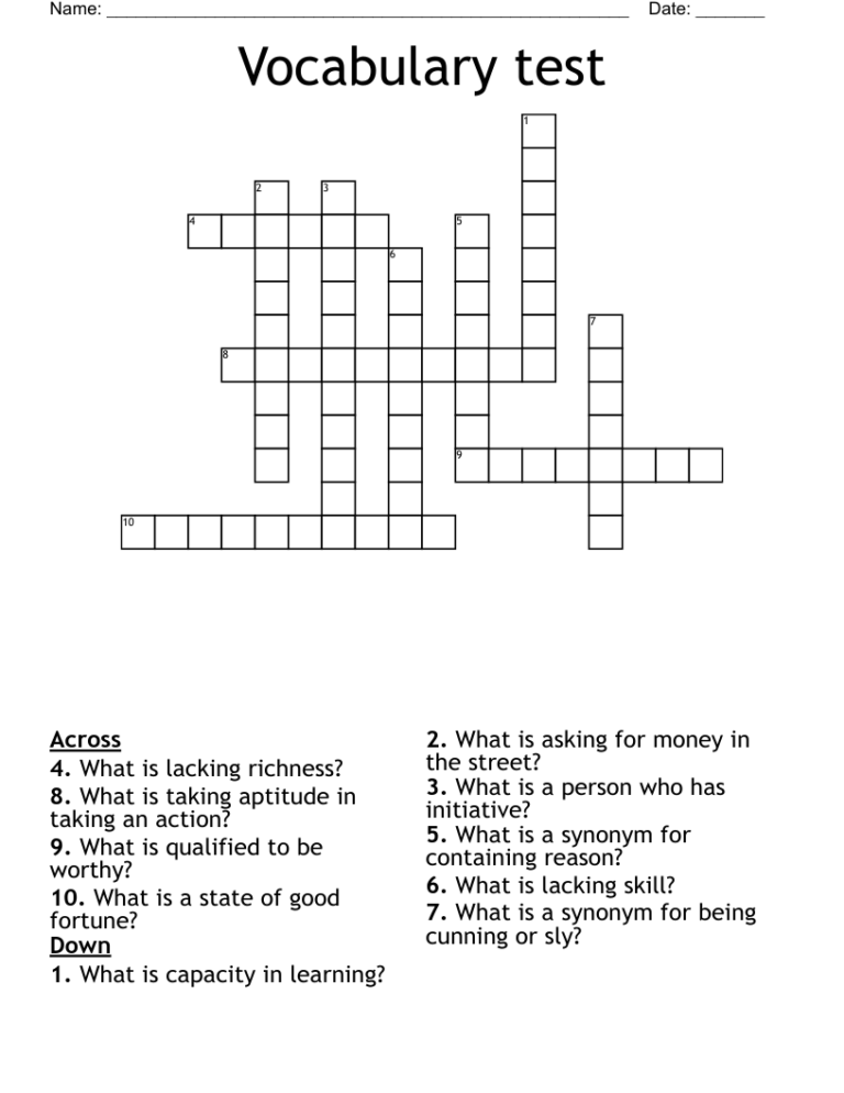 Vocabulary Test Crossword WordMint