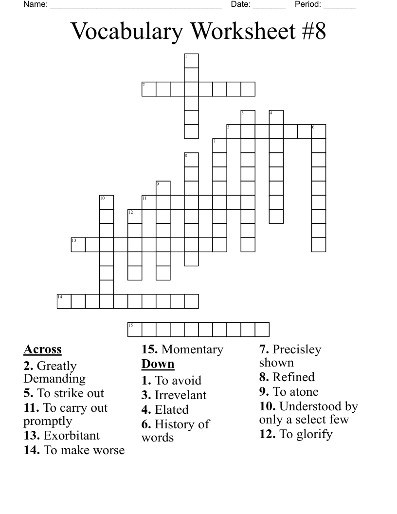 Vocabulary Worksheet 8 Crossword WordMint