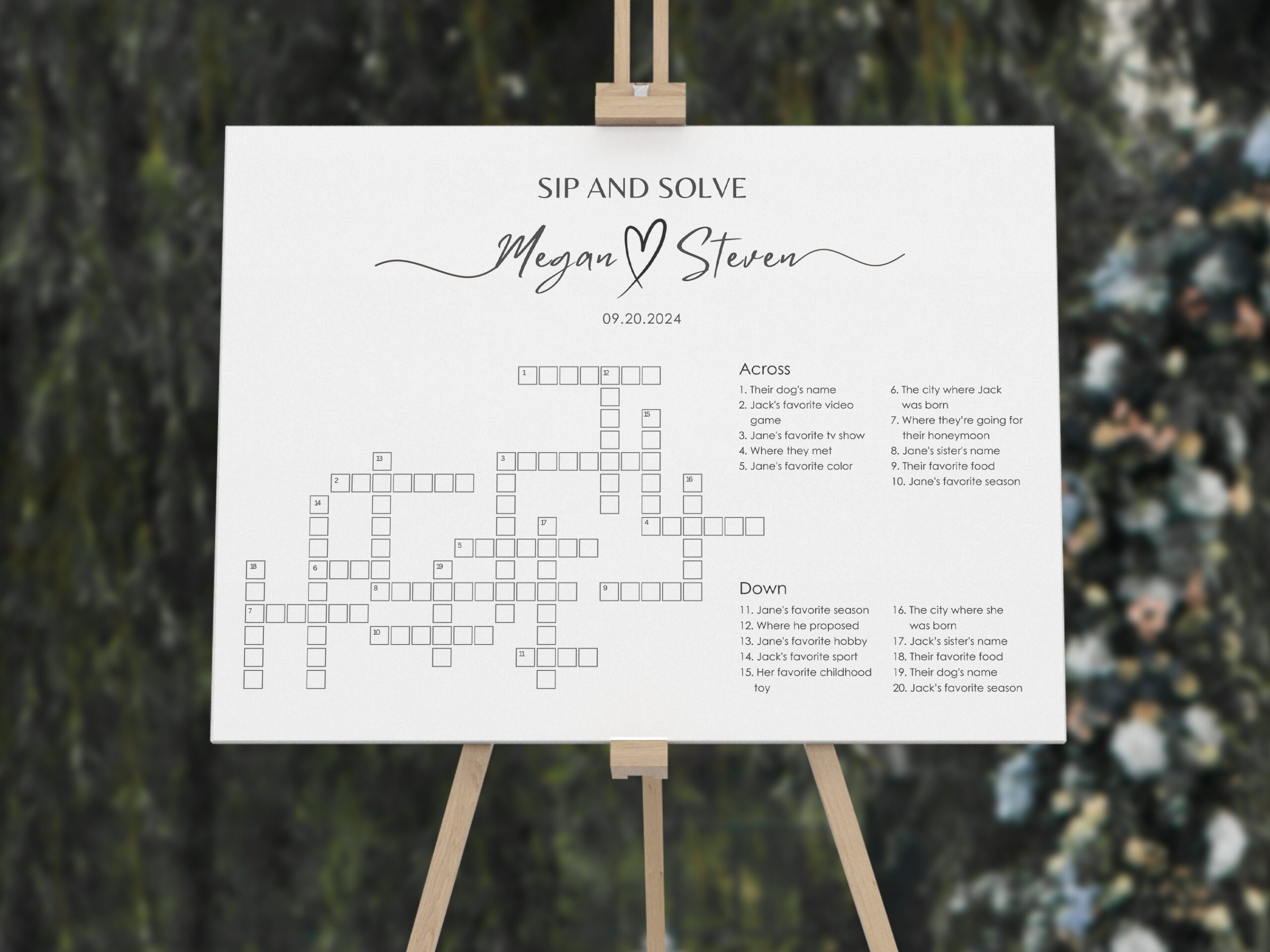 Wedding Large Sip U0026 Solve Crossword Puzzle Template 48x36 36x24 A0 A1 36x48 24x36 Horizontal Vertical Game Bridal Shower WG106 Etsy