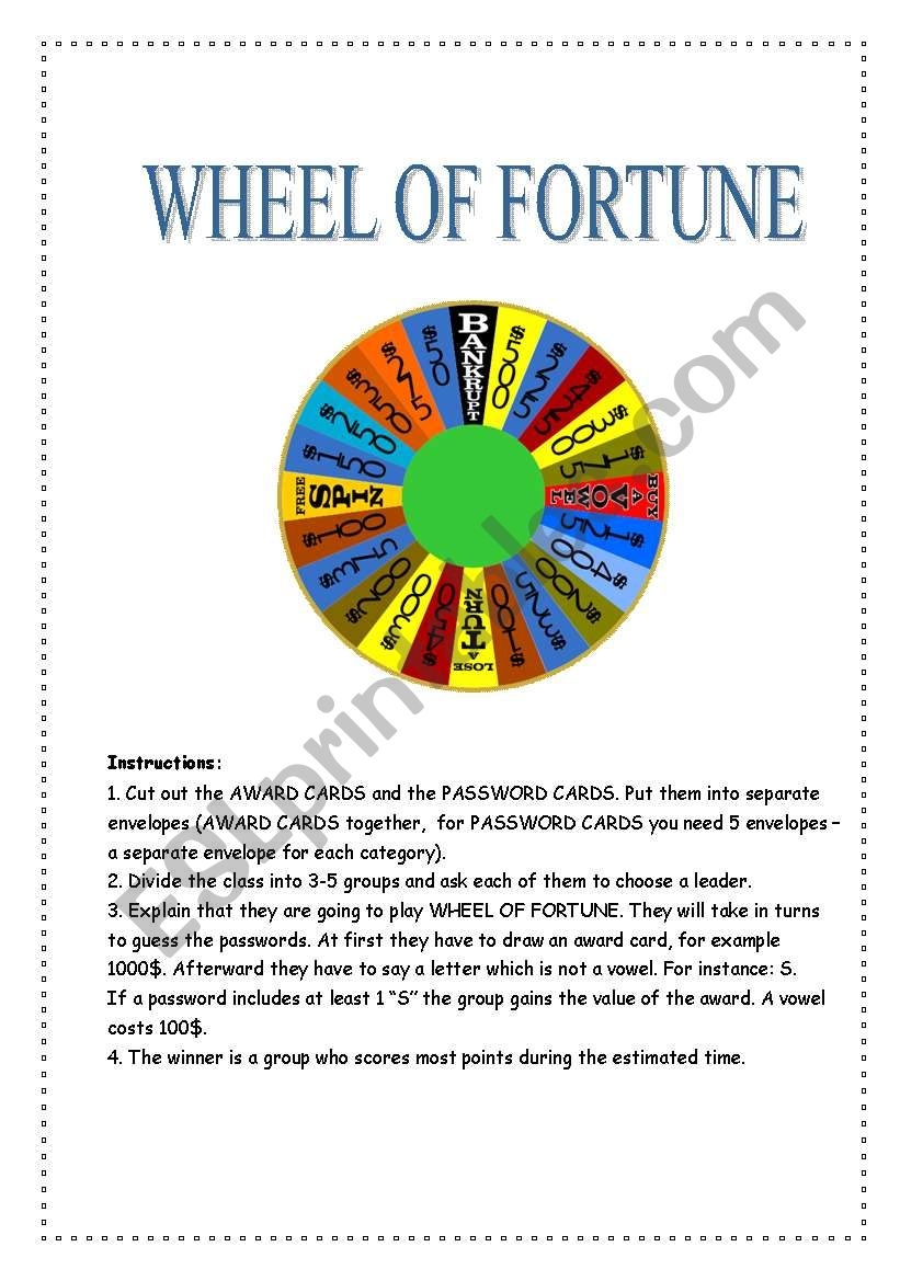 WHEEL OF FORTUNE ESL Worksheet By Sebastianparczewski