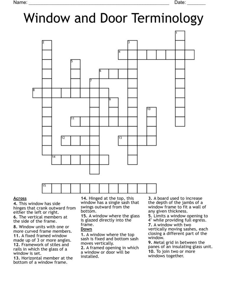 Window And Door Terminology Crossword WordMint