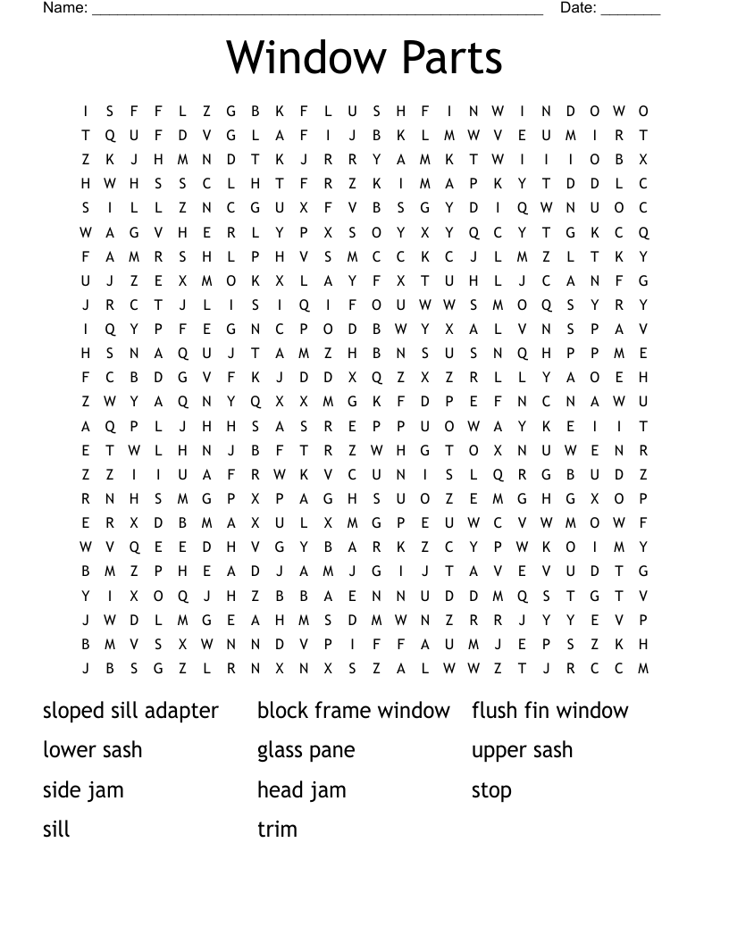 Window Parts Word Search WordMint