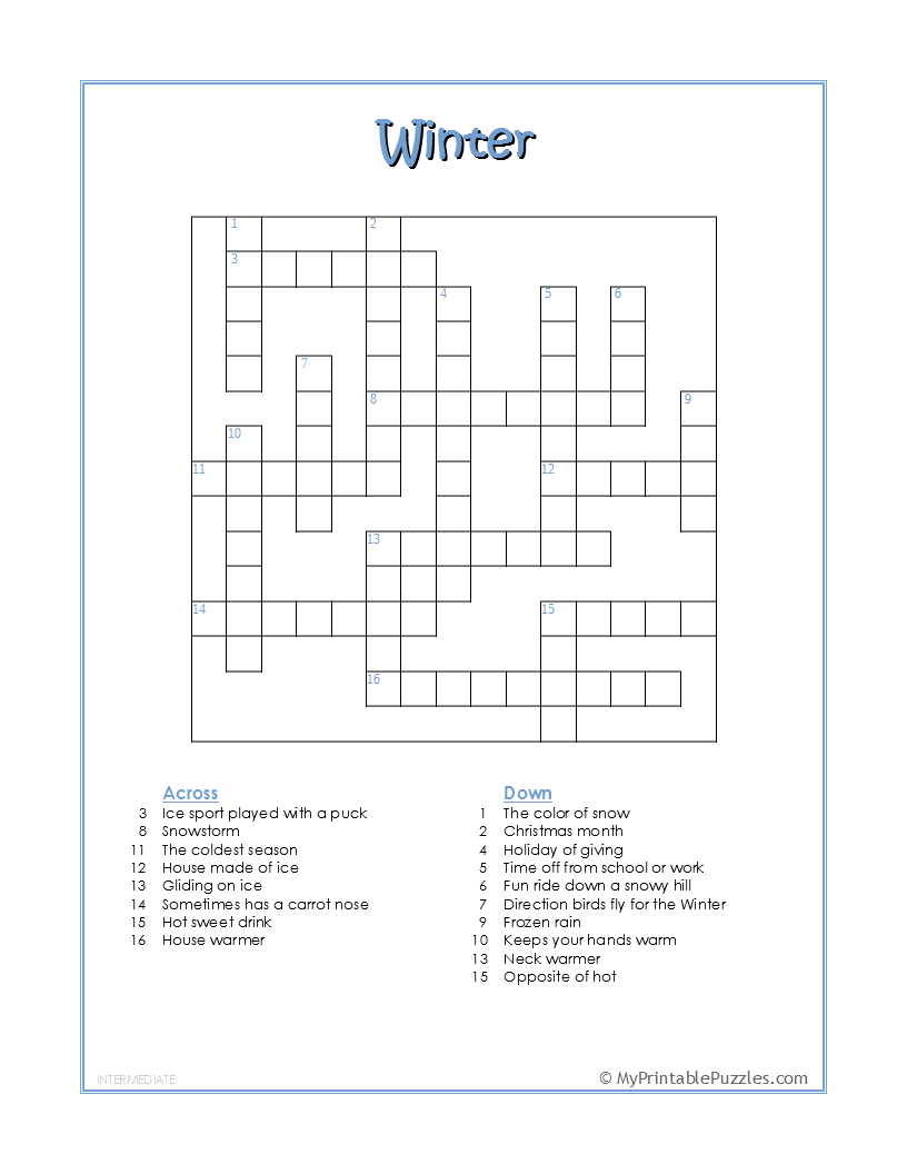 Winter Crossword Puzzle Intermediate My Printable Puzzles Winter Crossword Puzzle Intermediate My Printable Puzzles