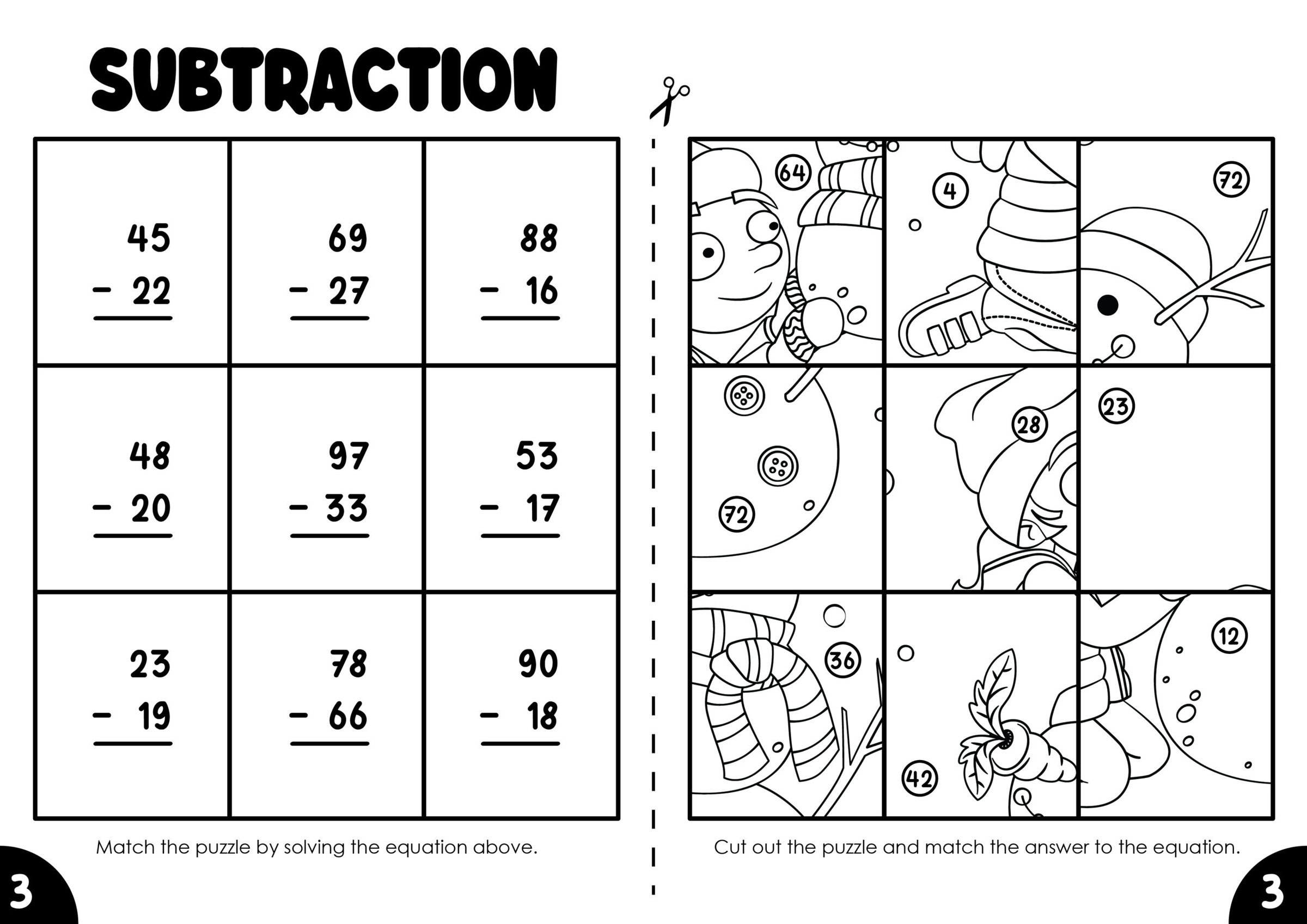 Winter Math Puzzle Worksheets With 2 Digit Subtraction With And Without Regrouping