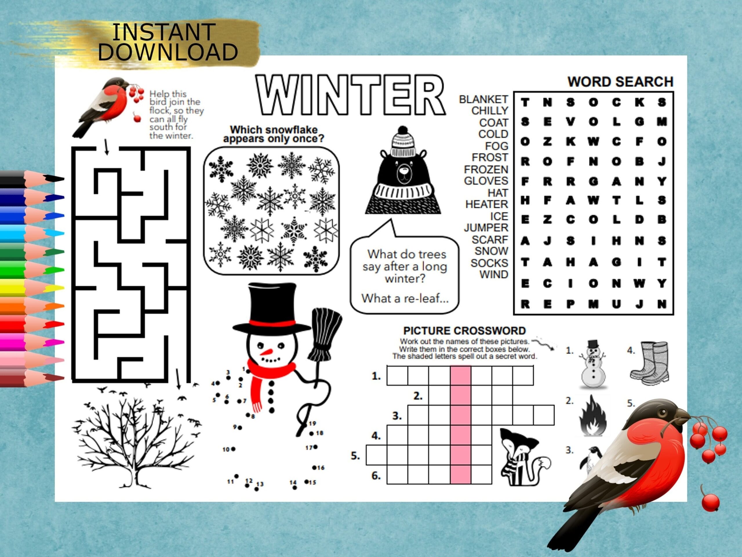 WINTER SEASON Puzzle Placemat PDF Crossword Puzzles Activity Sheet Puzzle Sheet Puzzle Place Mat Printable Wintertime Seasons Etsy