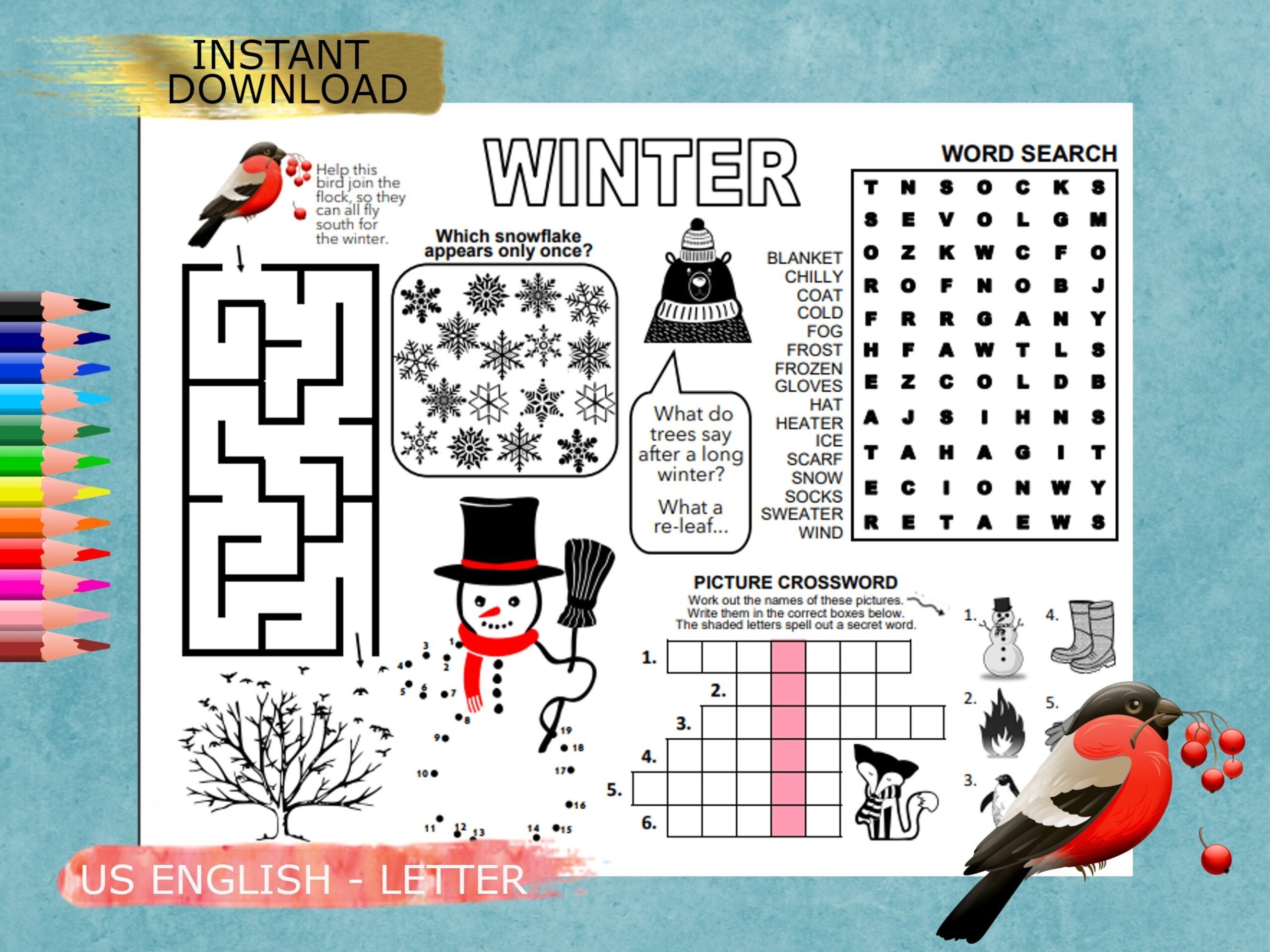WINTER SEASON Puzzle Placemat PDF Crossword Puzzles Activity Sheet Puzzle Sheet Puzzle Place Mat Printable Wintertime Seasons Etsy