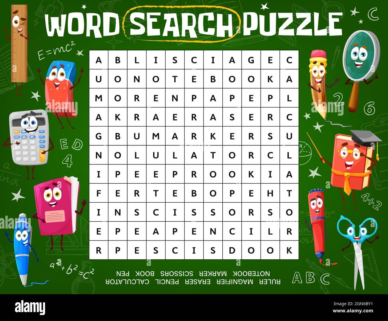 Word Puzzle Game Worksheet With Cartoon School Education Characters Kids Word Grid Quiz Crossword Riddle Or Logical Game Book Page With Funny Stationery Books And Science Formulas On Chalkboard Stock Vector Image