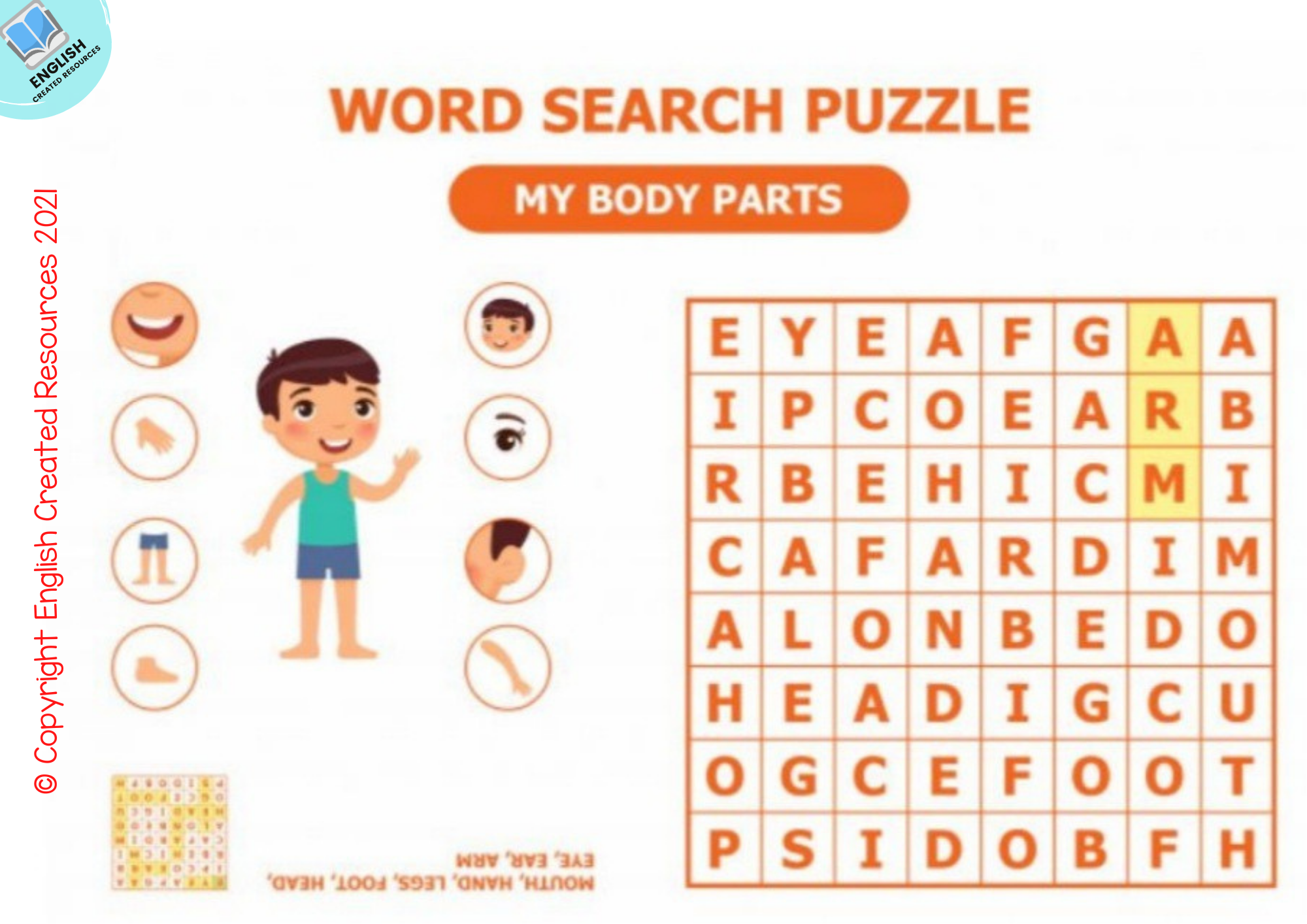 Word Search Puzzle My Body Parts English Created Resources
