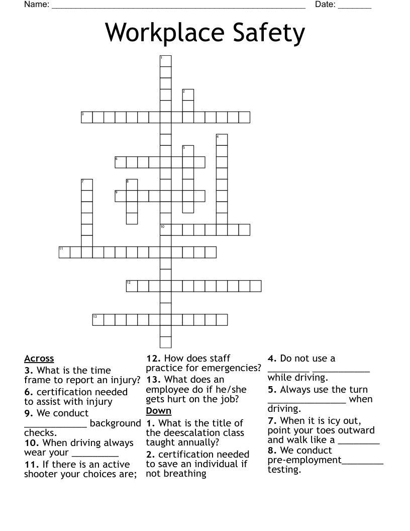 Workplace Safety Crossword WordMint Workplace Safety Crossword WordMint