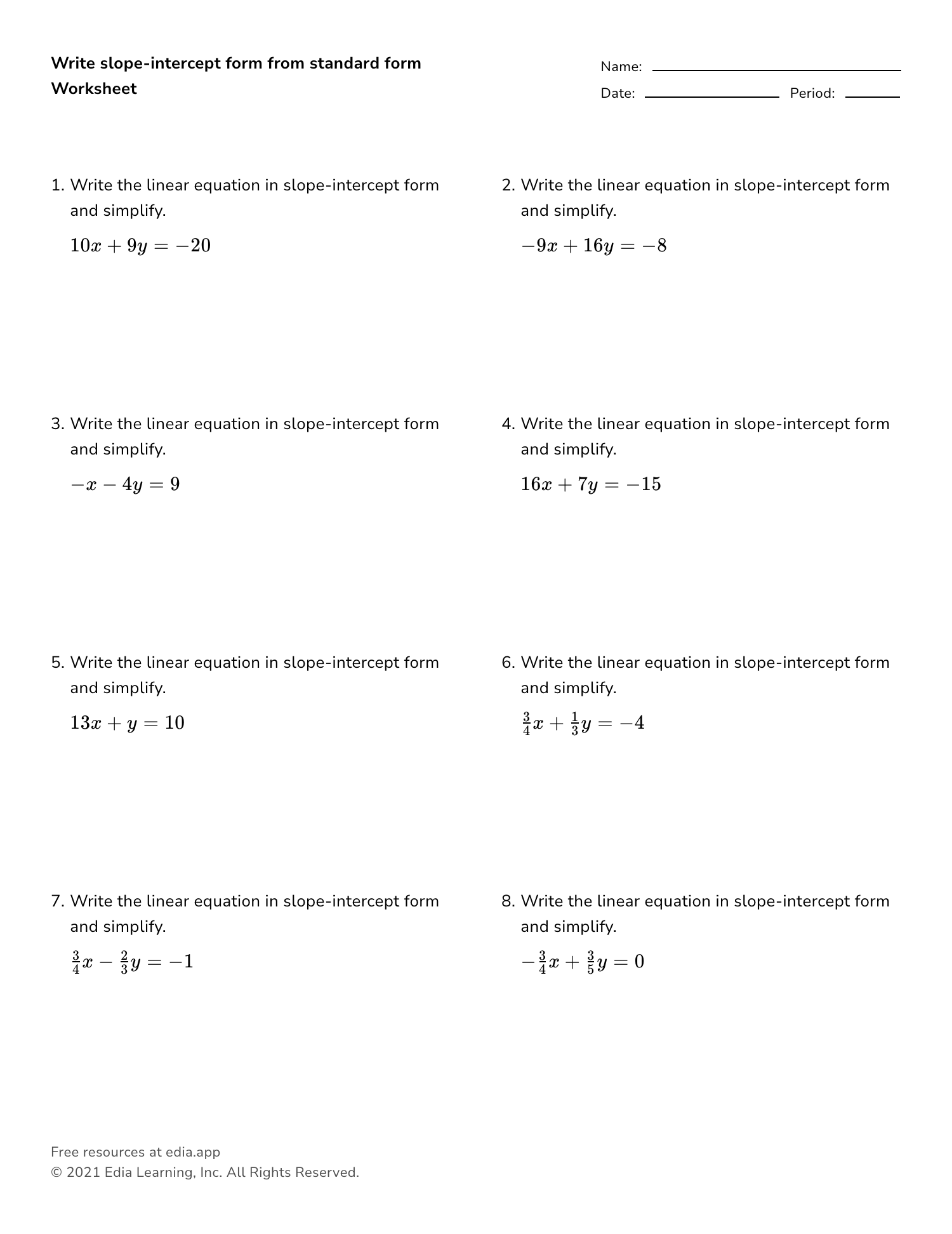 Write Slope intercept Form From Standard Form Worksheet 
