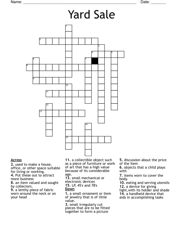 Yard Sale Crossword WordMint