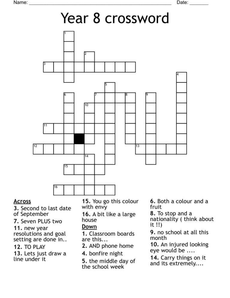 Year 8 Crossword WordMint